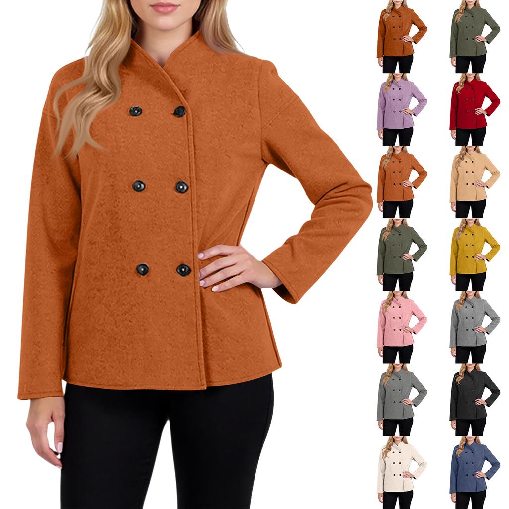 Ladies' Casual Temperament Double Breasted Solid Color V-neck Coat Jacket