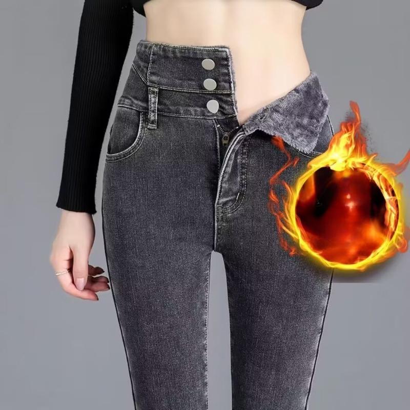 Fashion New Black Velvet Jeans Women Autumn and Winter High Waist Slim Fit Tight Plush Denim Pencil Pants Women Vintage Casual Jeans Trousers 25294