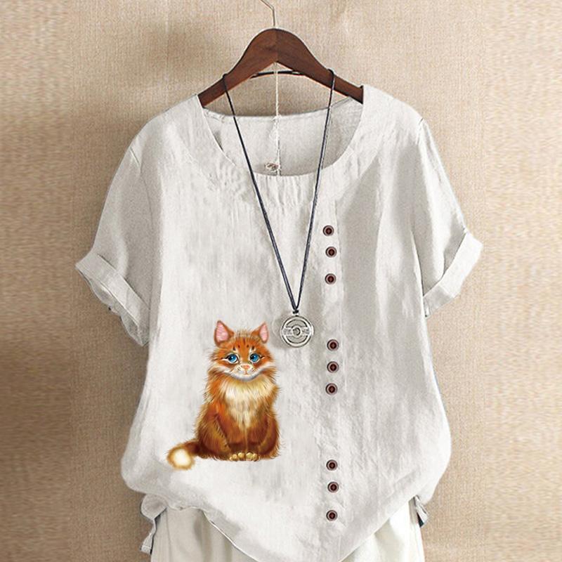 Women's Fashion Round Neck Short Sleeve T-shirt Casual Cotton Linen Graphic Shirt Leisure Loose Cute Cat Prined Summer Blouse Tops Plus Size