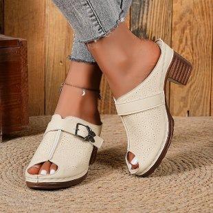 Large-Size Chunky Heel Sandals – Summer New Butterfly Decoration Height-Increasing Peep-Toe One-Band Slide Sandals for Women