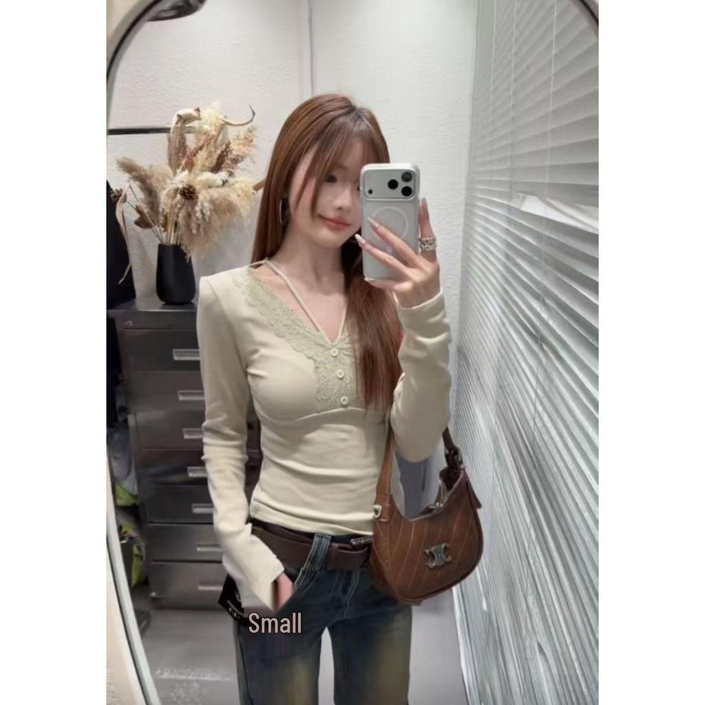 Lace Splicing V-Neck Long-Sleeve Thermal T-Shirt for Women - Autumn/Winter 2025 Fashion Style.