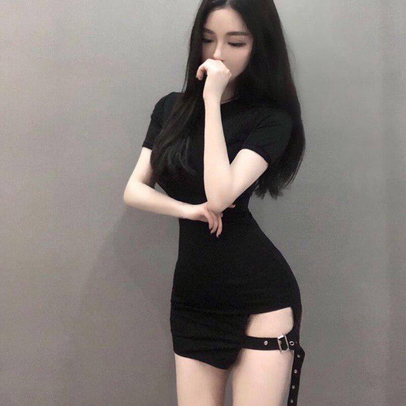 Women's O Neck Asymmetrical Sexy Short Sleeve Side Split Bodycon Dress