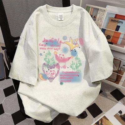 Women's Summer Cartoon Age Reduction Print Loose Design Sense Niche Vintage Round Neck Short Sleeved Top