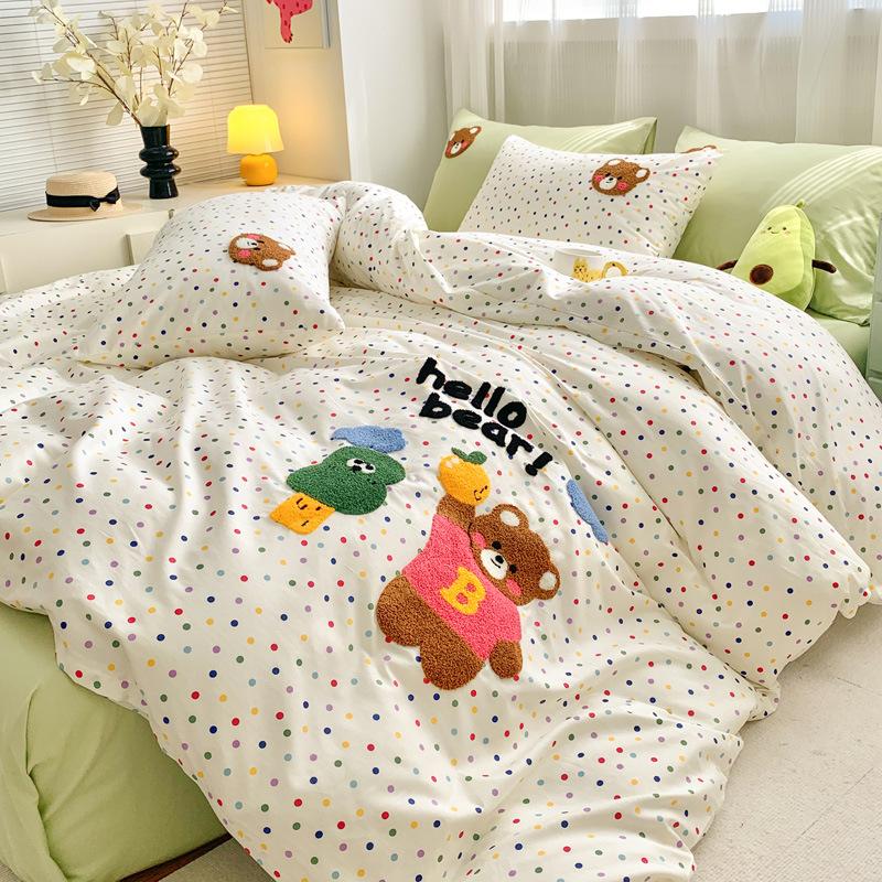 Washed Pure Cotton 4Pcs Set Cotton Towel Embroidered Quilt Cover Soft Skin-Friendly Bed Sheet Mattress