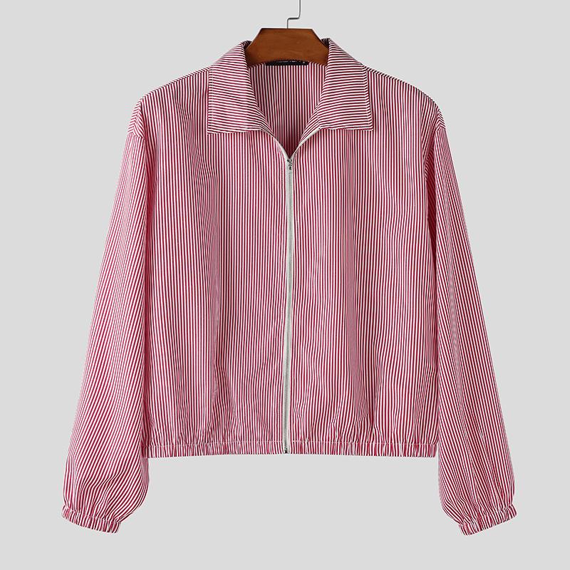 

INCERUN Men Turn-down Collar Long Sleeve Zipper Up Striped Cropped Thin Short Coats 4XL красный