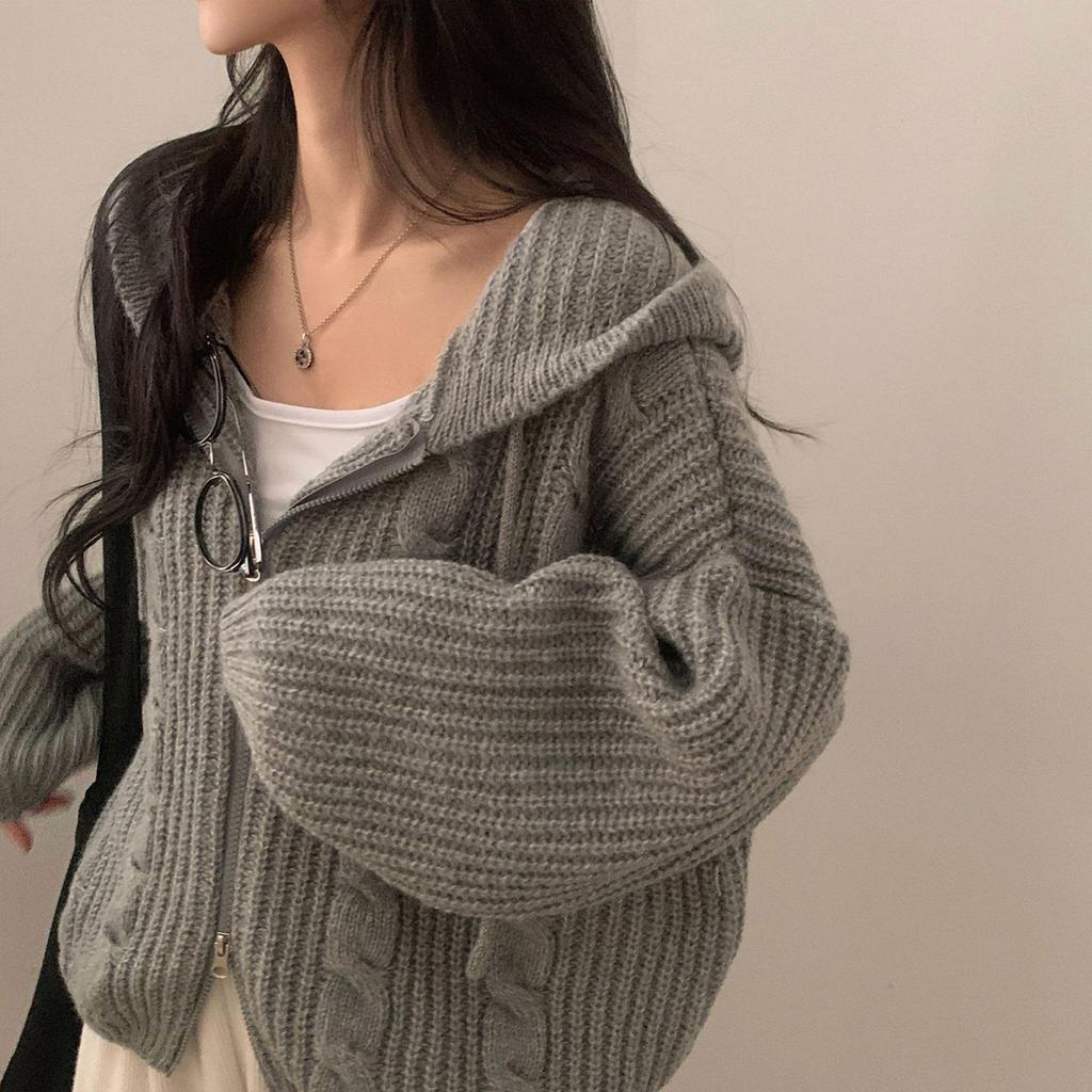 Women's Korean Style Double Zipper Hooded Cardigan – Long Sleeve, Loose Knit Sweater for Autumn/Winter