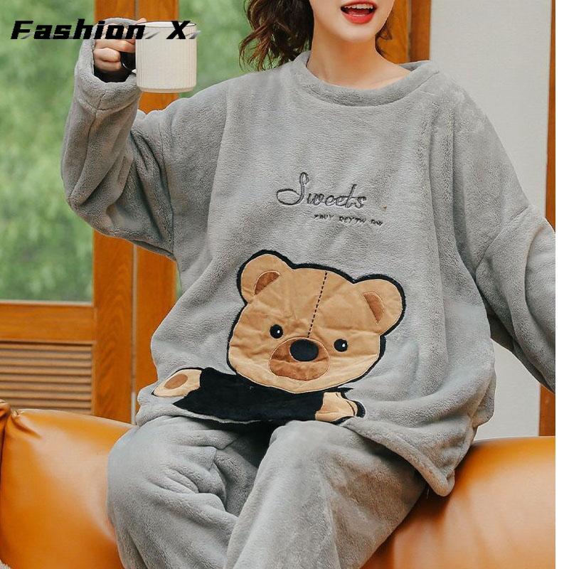 Thickened Warm Large Size Padded Fall and Winter Women's Pajamas Top and Pants Set Coral Velvet Ladies Cartoon Bear 2PCS/Set