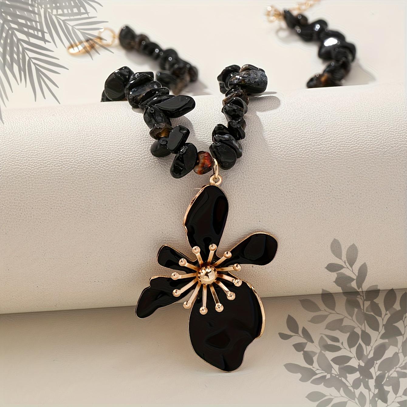 TEMU Богемское ожерелье из бусин: Европейский и американский стиль с подвеской из натурального дробленого камня чёрный