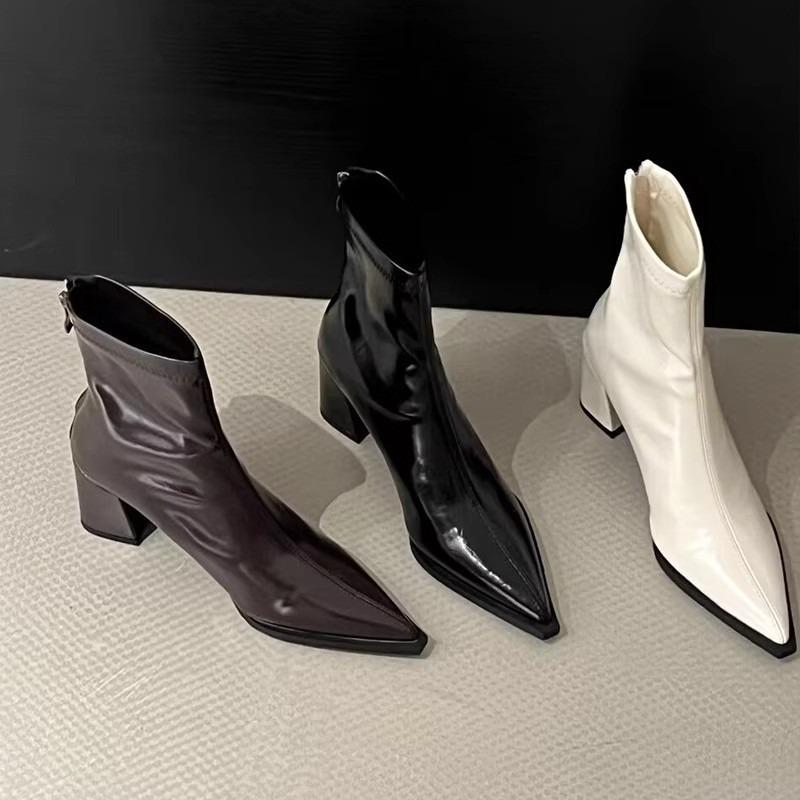 High-heeled Pointed Short Boots Women's Thick-heeled Rear Zipper New Autumn and Winter Black Patent Leather Premium Martin Boots