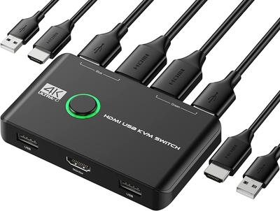 KVM Switch with HDMI 4K@60Hz Support and USB 2.0 Switch, for 1 Monitor/2 PCs, Shares Keyboard, Mouse, and Printer, USB Switcher, Switches Between 2 PC