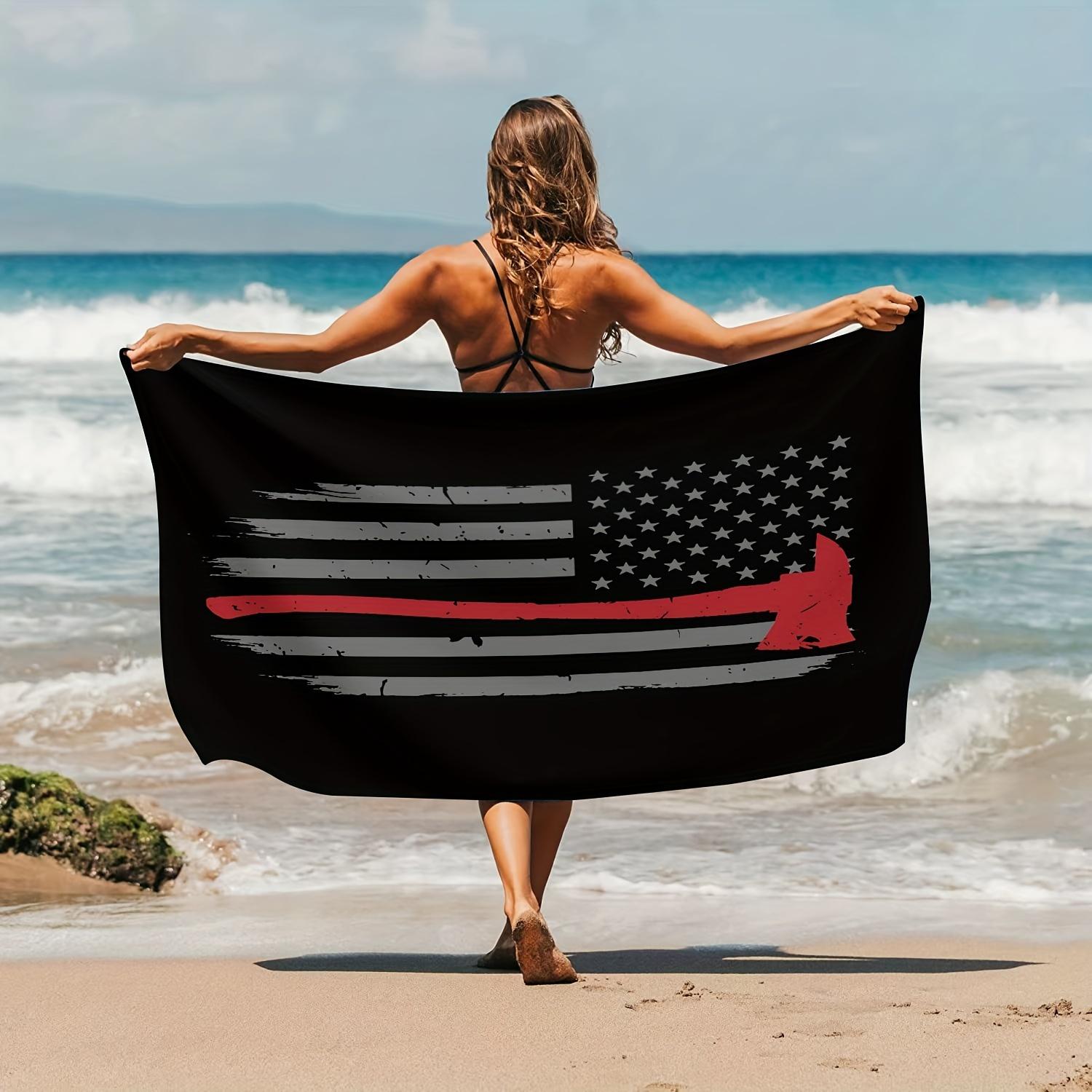 Firefighter Flag Beach Towel Thin Red Line Axe Print American Flag Design Quick Dry Soft Bath Towel For Men Fireman Gift 50x100cm(20x40in)
