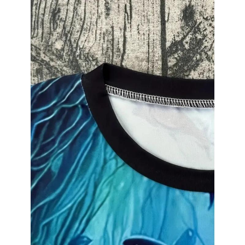 Casual Fashion Simple Abstract Painting Animal Sea Dolphin Breathable 3D Printed Round Neck Short Sleeve T-shirt Casual Sports Shirt