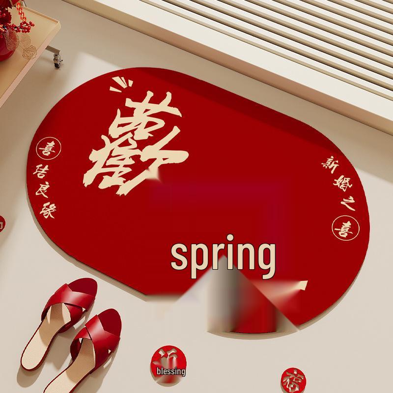 Festive Red Diatomaceous Earth Water-Absorbing Anti-Slip Oval Bathroom Mat