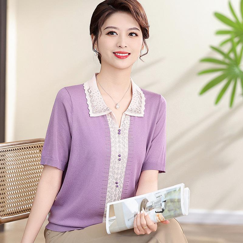

Middle-Aged Mom Short Sleeve Knit Top - 2026 Summer Lapel Casual Style, Age-Reducing Solid Color Trendy Arrival 115 (recommended for 52.5-65 kg) фиолетовый