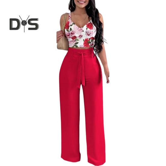 Summer Two Piece Outfits for Women Sleeveless V-neck Halter Tank Top Wide Leg Pants Set Summer Casual Floral Print Matching Suit