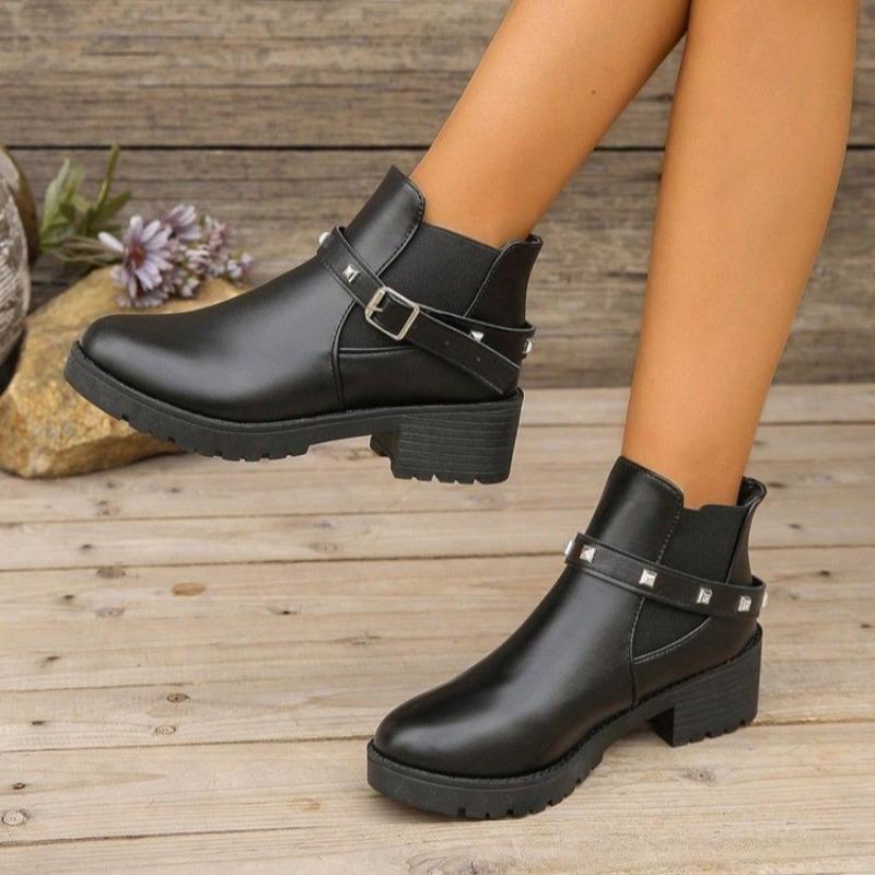 Ladies Shoes Brand Slip-on Women's Boots Fashion Belt Buckle Round Toe Office and Career New Rivet Best Seller Ankle Boots