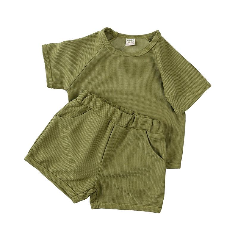 

Корейский летний комплект из шорт с короткими рукавами для мальчиков и девочек, вафельный комплект из двух предметов для дома и улицы 120