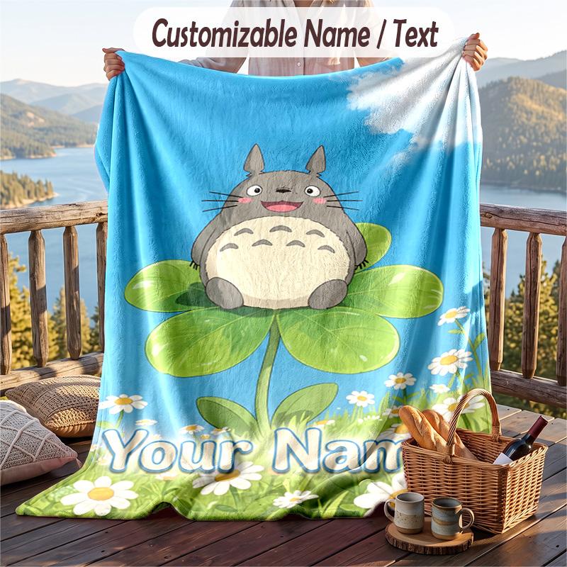Custom Text Flannel Throw Blanket, Lightweight Cozy Bed Sofa BlanketMy Neighbor Totoro