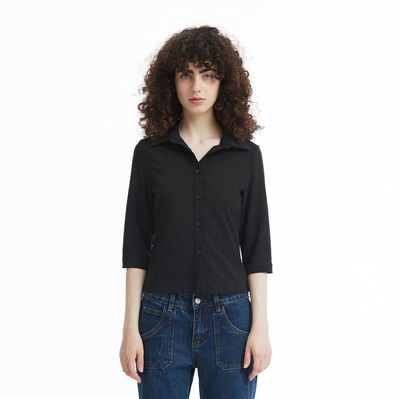 

Lal Project | Summer Thin Retro Pure Color Stretch Silm Cropped Shirt Short Sleeve Women s Top Black S