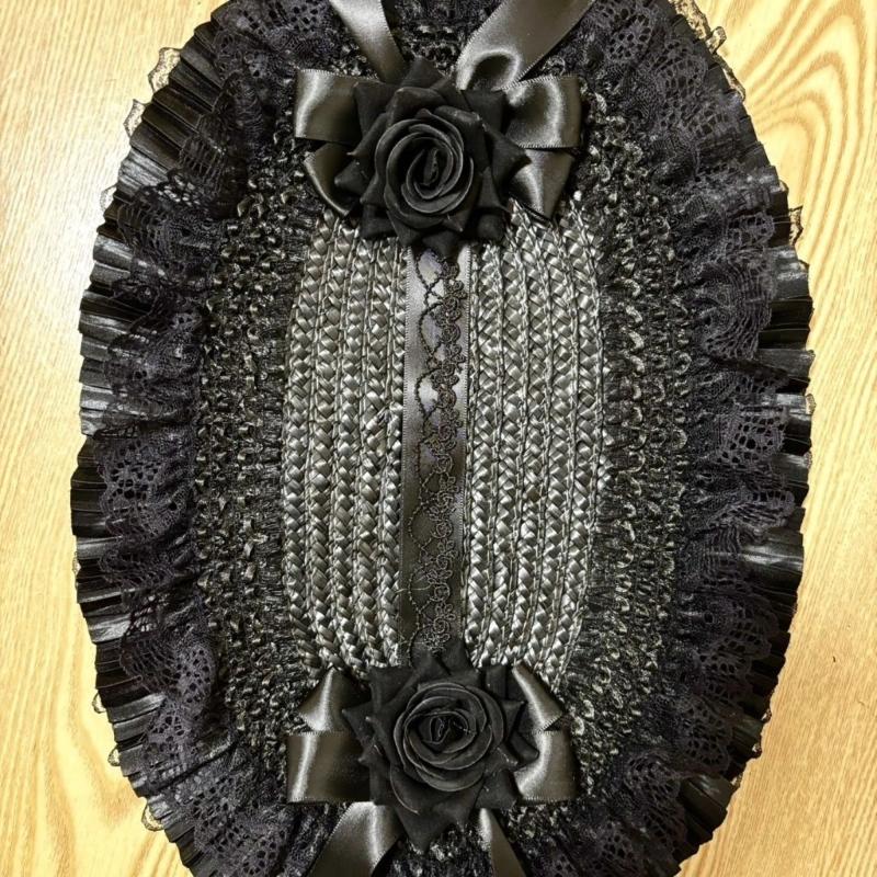 Woven Straw Lace Hat with Dark Series Design and Large Bowknot Elegant Bonnet Hat For Women Theme Parties and Halloween
