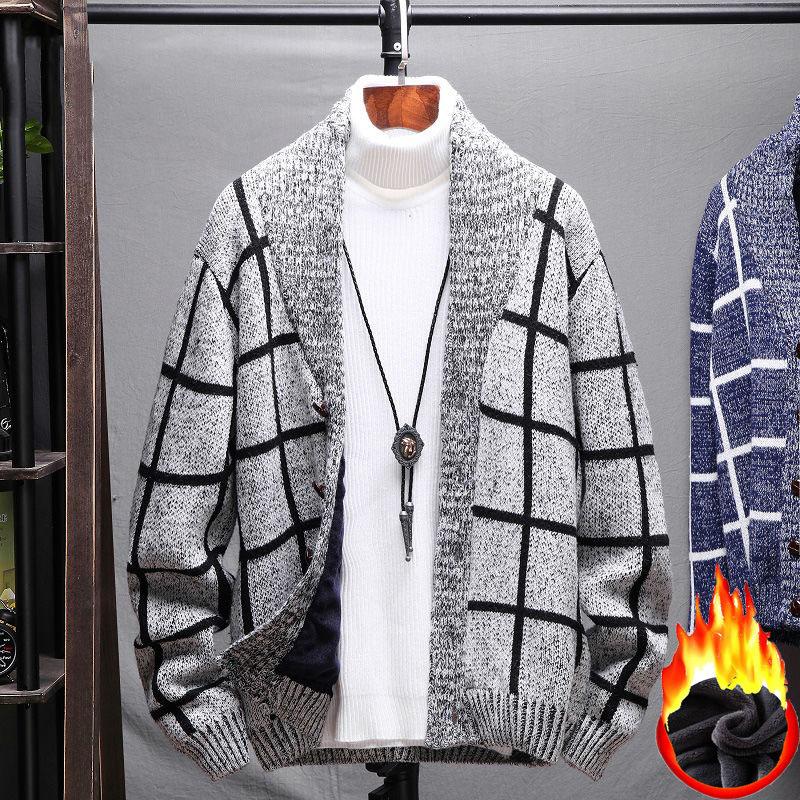 Мужской джемпер-кардиган на пуговицах узкие кардиганы в клетку и полоску вязаный джемпер повседневная мужская осенне-зимняя папина ветровка XXL серый 3260₽