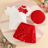 2026 Summer Baby Girl Ribbed Short Sleeve Top, Rhinestone Shorts Skirt & Beret Set (0-3 Years) - Trendy & Sweet