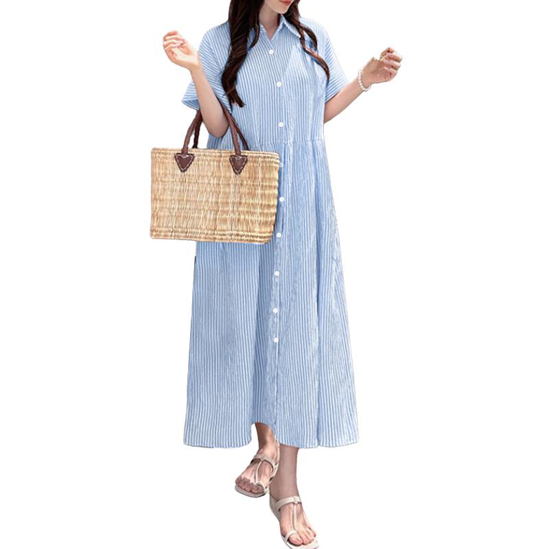 

ZANZEA Женское летнее повседневное платье в полоску с отложным воротником и короткими рукавами 5XL синий