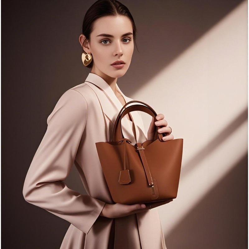 New Bag, Water Bucket, Vegetable Basket, Women's Bag, Leather Top Layer, Hand-held Mommy Bag, Bride's Wedding Bag, High-end Silk Scarf