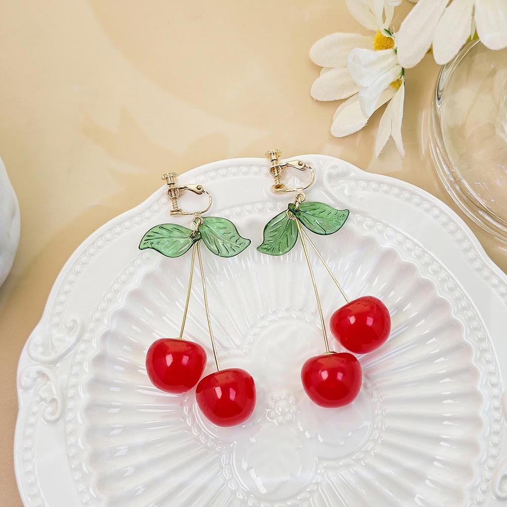 Japanese & Korean Cherry Ear Clips: Cute, Versatile, No-Piercing Earrings for Women.