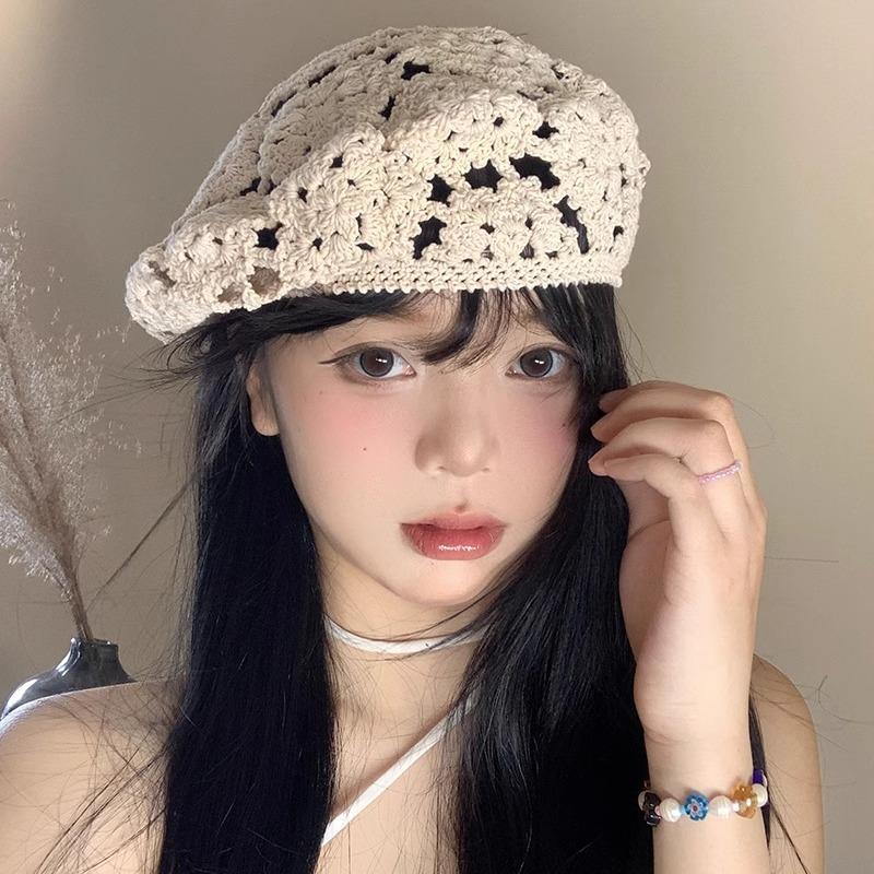 Dámský letní klobouk baret v japonském stylu, vintage, s dutým vzorem, tenký, ručně háčkovaný, Y2K, horká dívka, umělecký klobouk