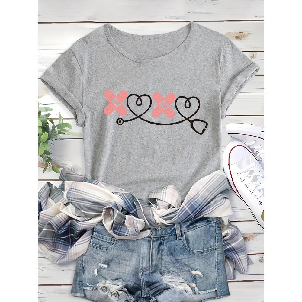 Love Band Aid Printed Women's Cute Simple Round Neck Sports Casual Sleeve Style Love Band Aid T-shirt