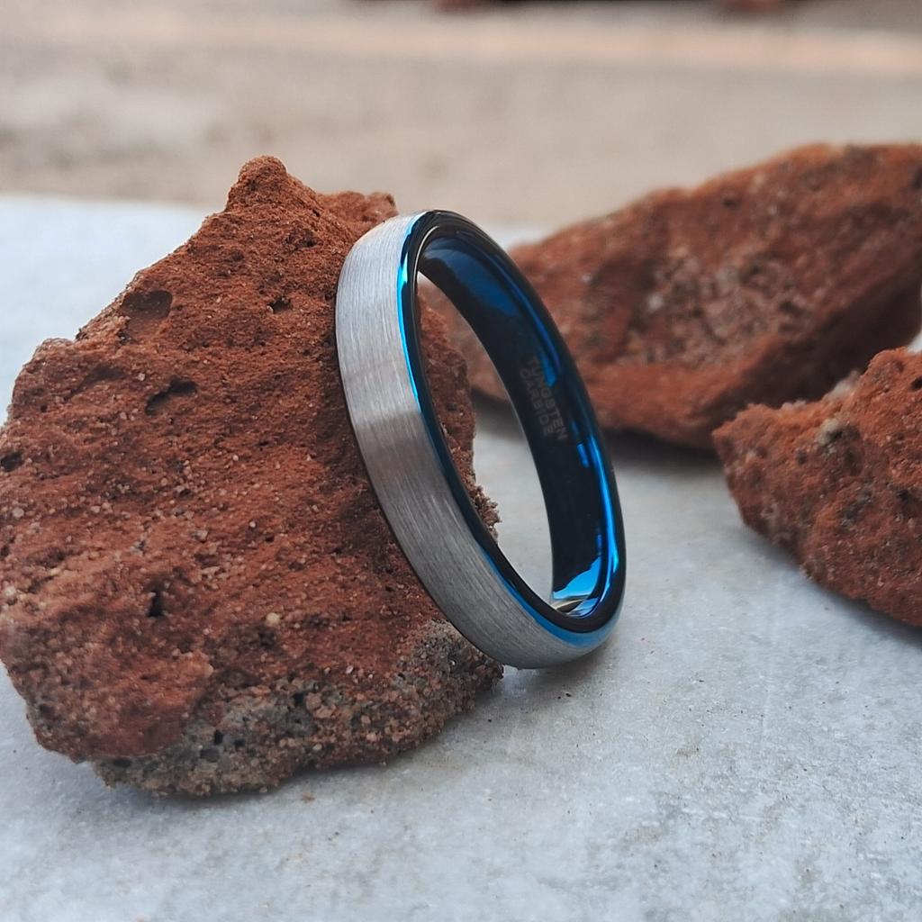 4mm Dark Silver Tungsten Ring Men Dome Brushed Wedding Bands Blue Inner Ring Wedding Band, Engagement Ring for Men Free Custom Engraving