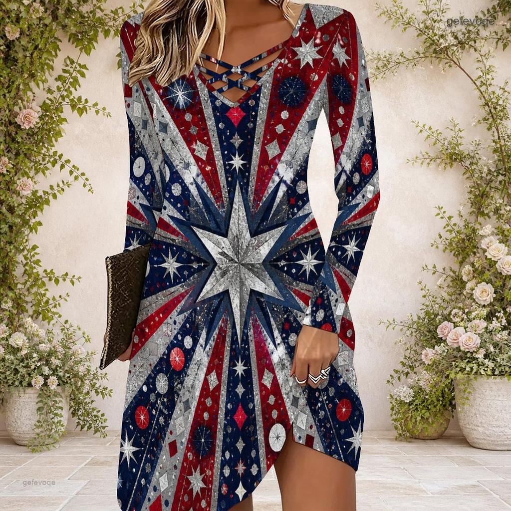 Women Cross V Neck Long Sleeve Dress Red Blue Silver Star Sequin Print Irregular Hem Dress