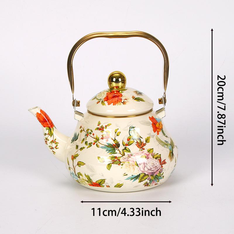 1.5L Vintage Enamelware Kettle Classic Enamel Teapot with Golden Handle for Stovetop Use Kitchen Decor Gift for Tea Lovers