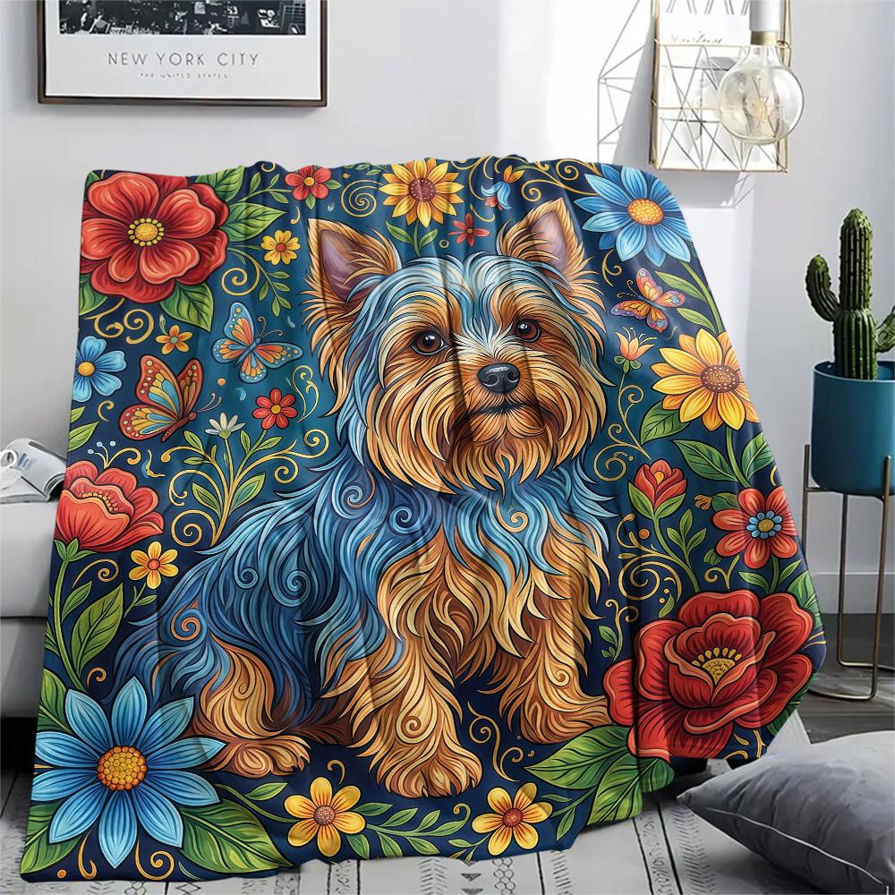 Sunflower Flowers and Puppies Print Flannel Blanket,High Quality Comfortable for All Seasons,Home Decor,Warmth and Comfort,Perfect for Christmas Gifts