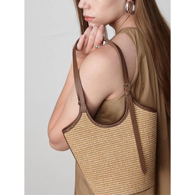 

Commuter Bucket Straw Woven Bag 2025 New Niche Design Shoulder Woven Underarm Bag Patchwork All-Match Handbag Brown