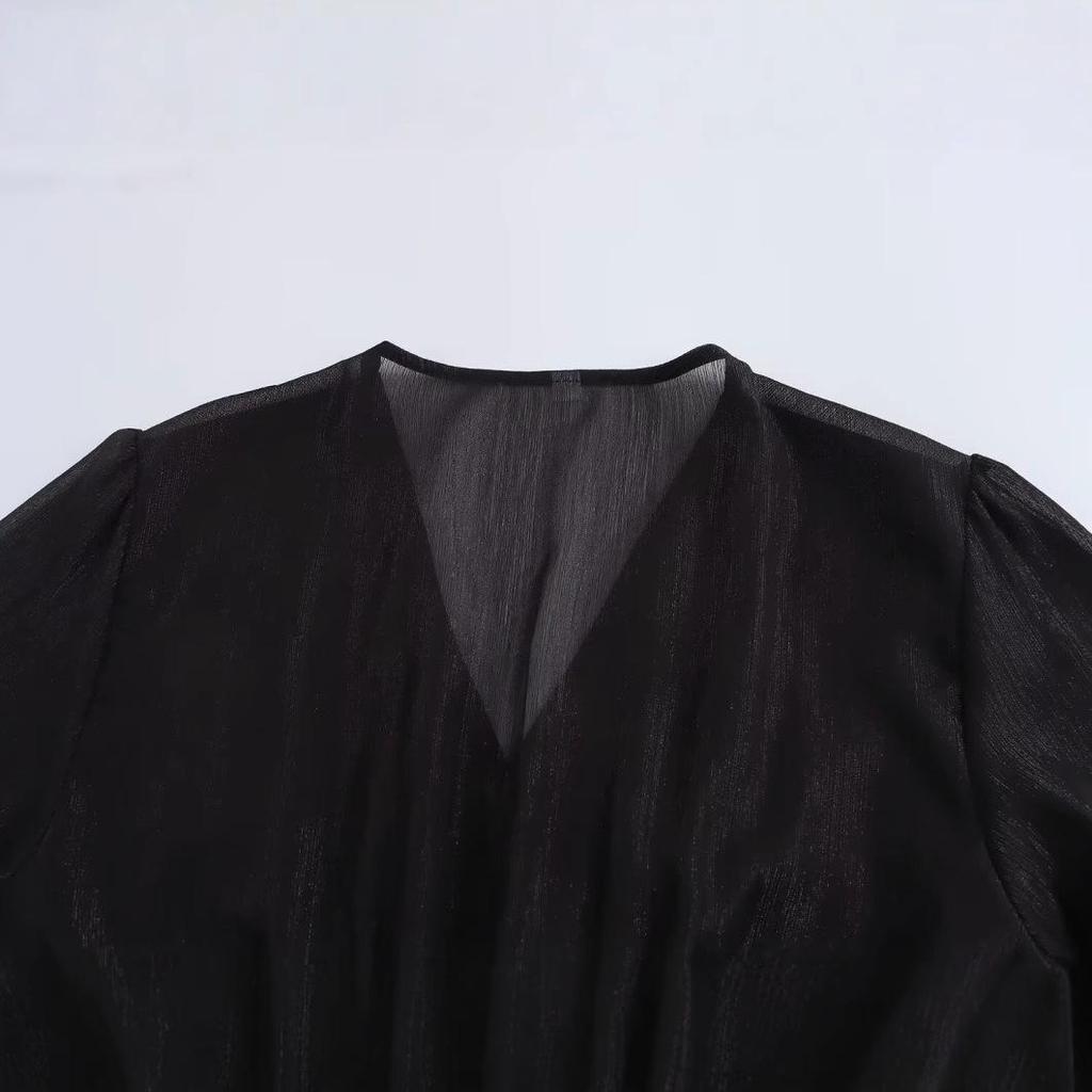 2025 Spring Women's Casual Chiffon V-Neck Long Dress with Gold & Silver Thread