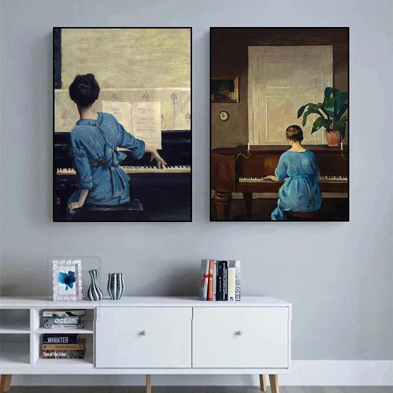 Vintage Play Piano Girls Aesthetic Canvas Painting Posters and Prints Wall Art Picture For Living Room Decoration