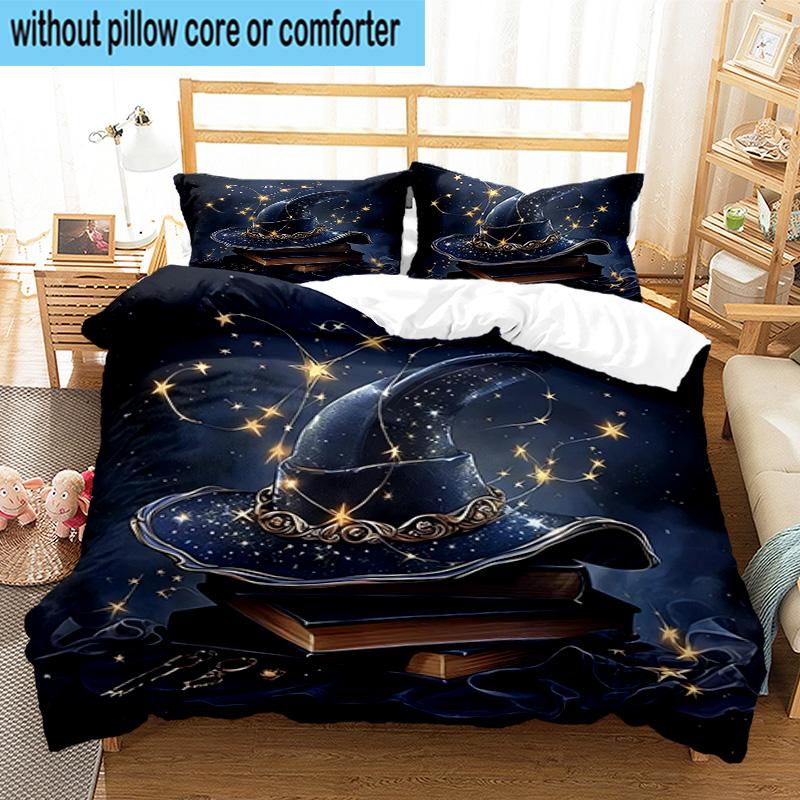 Witch's Hat And Crescent Moon 3pcs Bedding,Including 1pc Duvet Cover And 2pcs Pillowcases Perfect for Christmas,Ideal for Bedroom, Dormitory