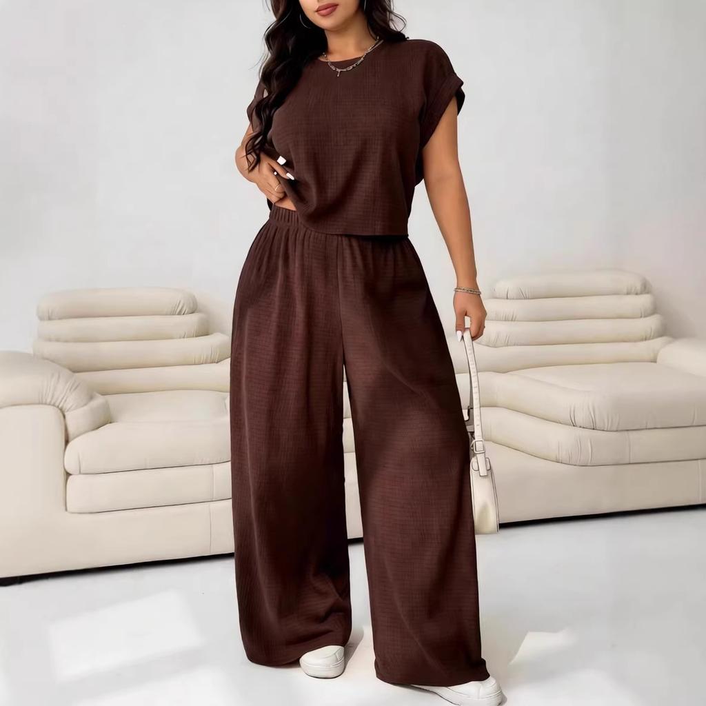 Plus Size Women 2 Piece Outfits Short Sleeve Crop Top Elastic Wide Leg Pants Casual Lounge Set Summer 2026