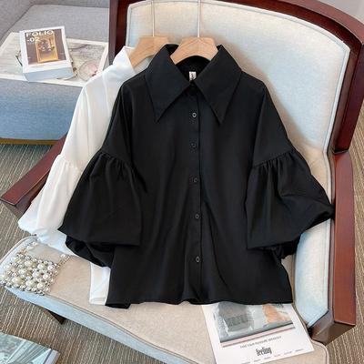 Women Shirt Solid Chiffon White Blouse for Women Loose Vintage Korean Shirts Single Breasted Lantern Sleeve Summer Tops