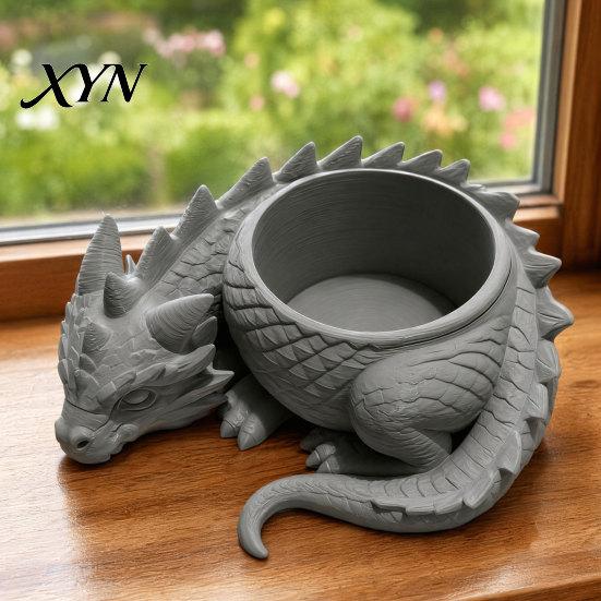 Metal Flower Pot 3D Printed Lying Dragon Flowerpot for Small Green Plants, Decorative Succulents Outdoor Indoor Plant Ornament, Dark Style Figurine