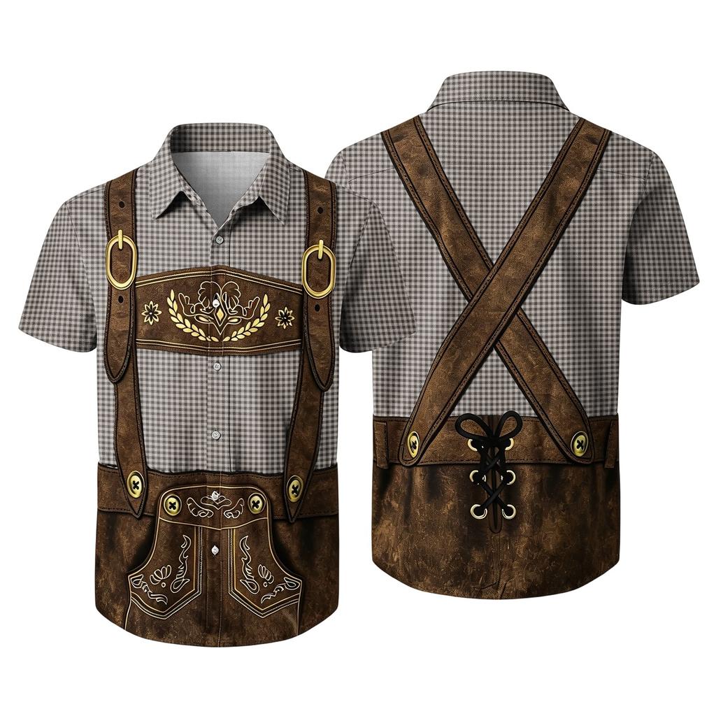 Men’s Short Sleeve Button Down Shirt with Vintage Festival Print Casual Relaxed Fit Top for Party and Daily Wear