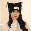Knitted Cat Ear Beanie Hat Soft Stretchy Winter Headwear with Decorative Patch for Casual Outdoor Use