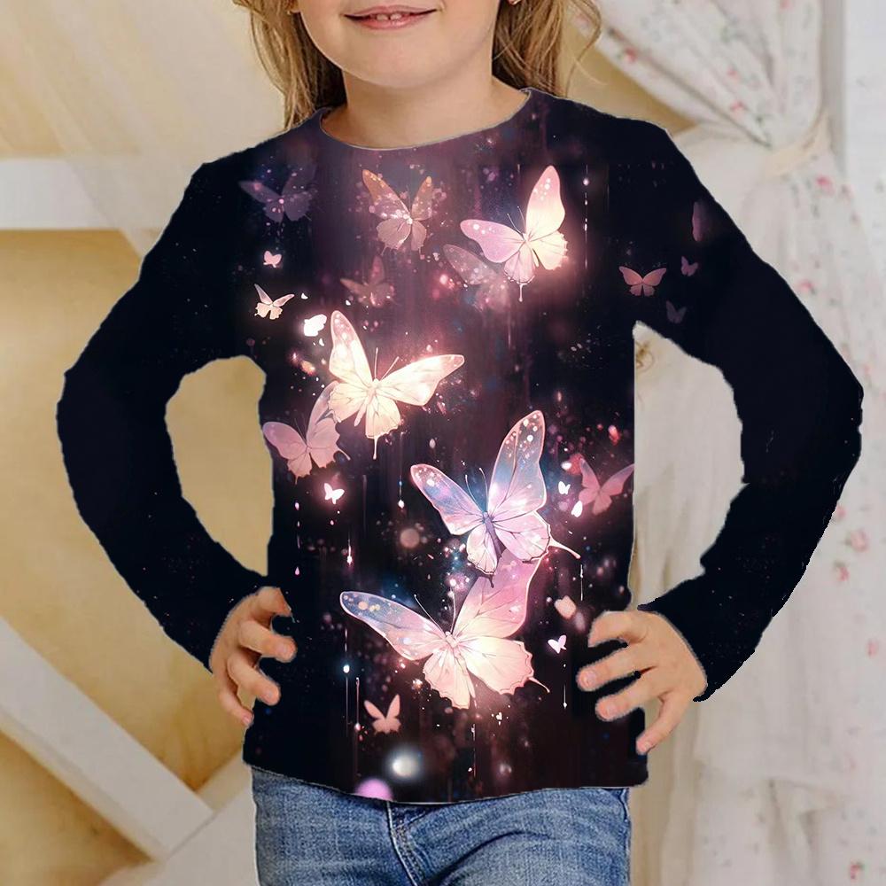 Spring and Autumn Round Neck Butterfly Pattern 3D Printed Top Fashionable Casual Long Sleeved Children's Girl T-shirts