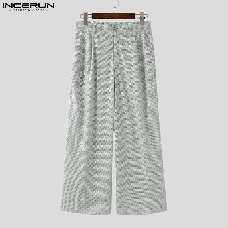INCERUN Men Zip-up Waist Hollow See Through Casual Long Pants Trousers