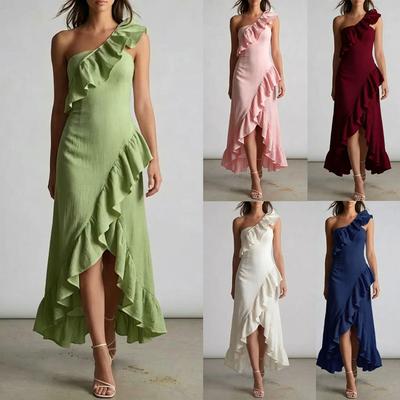 Women's One Shoulder Sleeveless Maxi Dress Slim Fit Mid Waist Elegant Ruffle Hem Long Dress