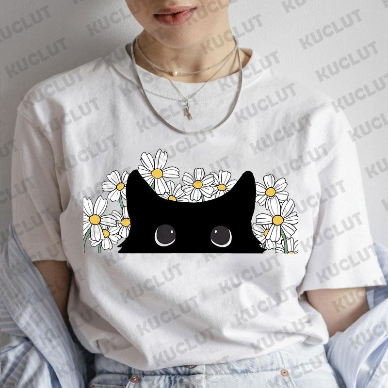 T-Shirt für Damen Schwarze Katzen Print Mode T-Shirt Lässig Rundhals Kurzarm Streetwear Damen T-Shirt Vintage Tee Oberteile