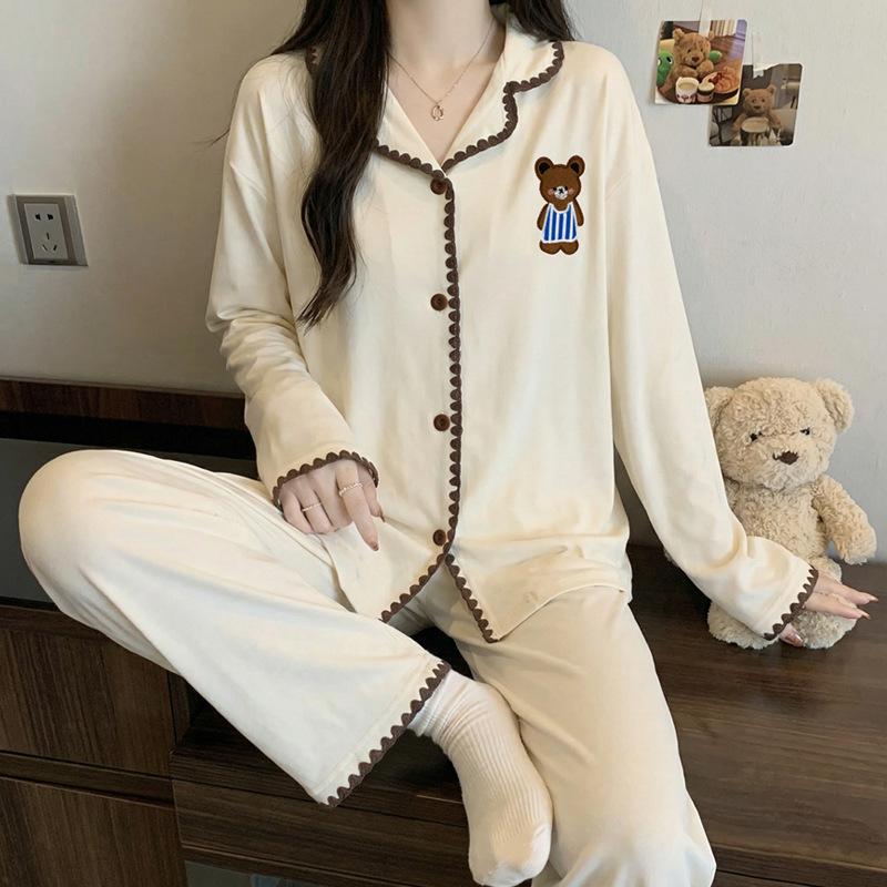 Roter gepunkteter Pyjama Damen High-End Frühling und Herbst Cartoon Muschel bestickter Rand Langarm Loungewear Set
