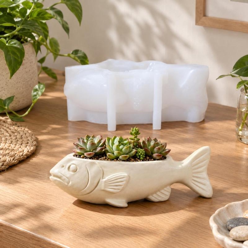 Flexible Sea Bass Flowerpot Mould with Head, Tail, and Body Relief, Repeat-Use Craft Tool for Decorative Projects with Three Casting Media